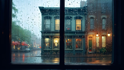 Outside the window of a rainy cafe