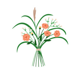 Flower bouquet. Delicate field blooms arrangement. Gentle meadow blossoms, wildflowers mix tied with string. Romantic spring floral bunch. Flat vector illustration isolated on white background