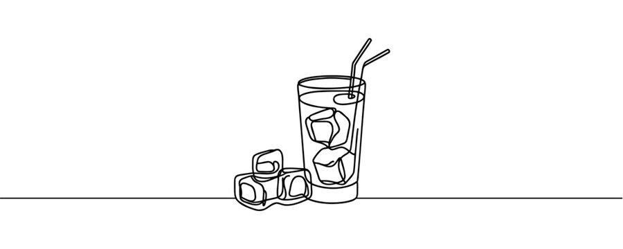 recommend clip art: Glass of water with ice, old drink with a straw for drinking. Continuous one line drawing. Vector illustration.