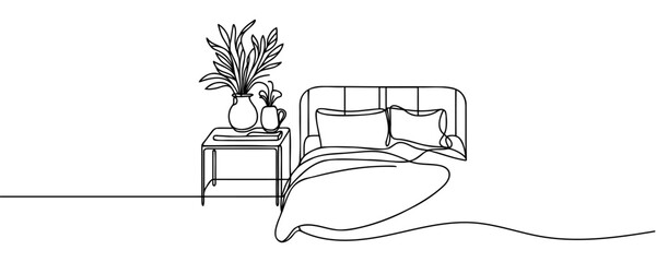 Continuous single line drawing of a double bed and table with a potted plant in a simple linear style. Vector illustration. © dariachekman