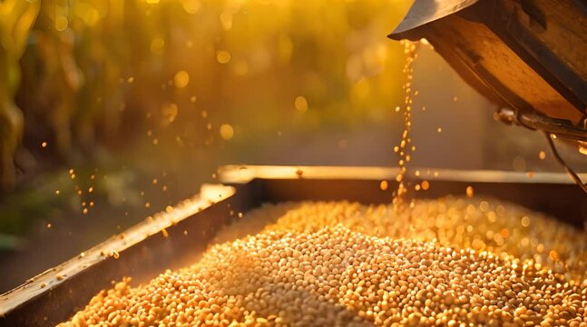 Golden grains of wheat are being poured from a container into a truck, illuminated by warm, golden sunlight, creating a rustic and bountiful harvest scene.