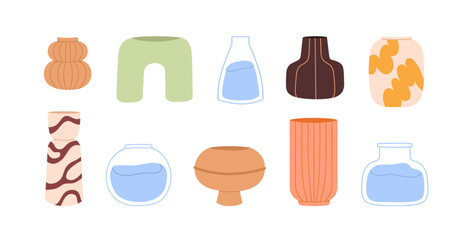 Modern empty flower vases set. Trendy style ceramic and glass designs. Home decor of various fashion shapes. Contemporary, decorative vessels. Flat vector illustration isolated on white background