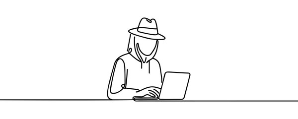 One line continuous cyber security hacker symbol. Silhouette of online financial security thief. vector illustration.