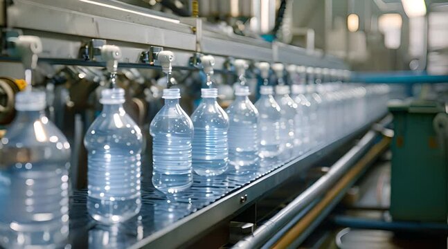 An assembly line in a factory filling clear plastic bottles with water. The bottles are lined up consecutively, and water is being dispensed from nozzles above.