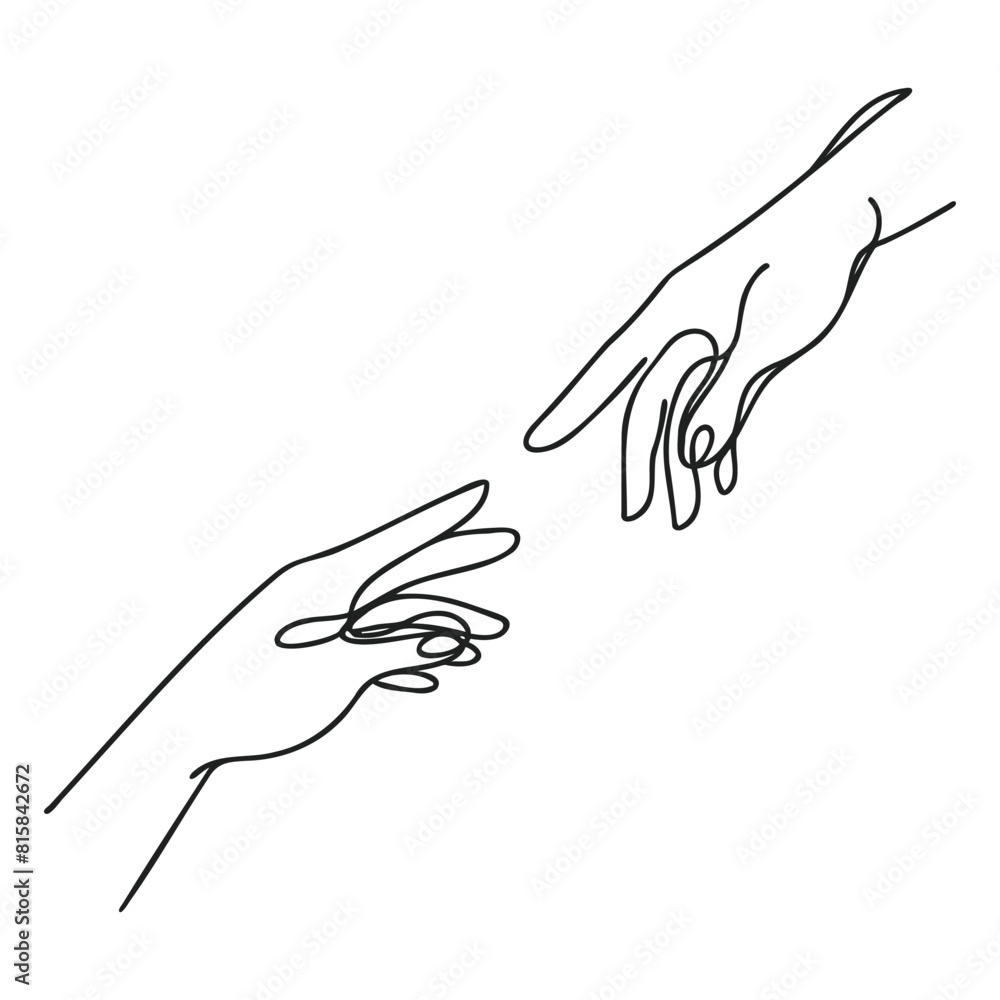 Poster continuous line vector illustration of two hands barely touching one another. simple sketch of two h