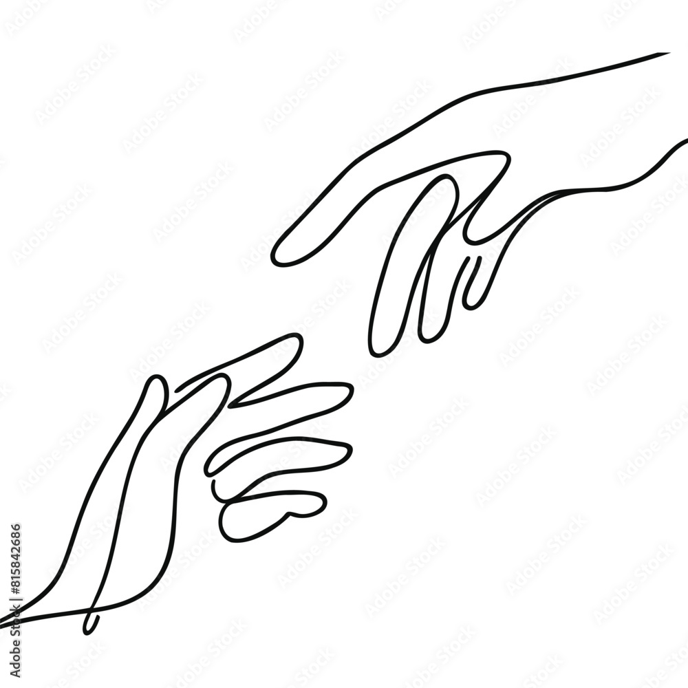 Poster continuous line vector illustration of two hands barely touching one another. simple sketch of two h