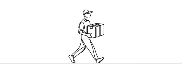 continuous one line drawing of parcel delivery. Young guy with a shopping delivery box on a white background
