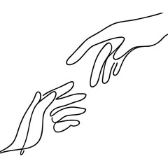 Obraz premium Continuous line vector illustration of two hands barely touching one another. Simple sketch of two hands made of one line, love concept.