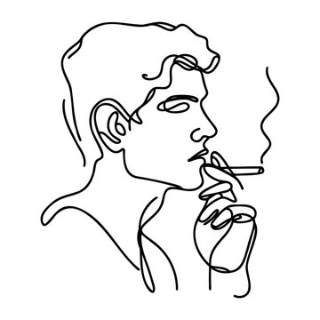 recommend clip art: One continuous line draws a man smoking a cigarette. Hand drawn contour flat illustration isolated on white background.