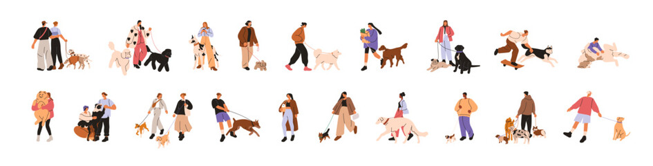 People walking with dogs. Pet owners leading puppies outdoors set. Characters strolling with companion animals, doggies. Men, women and pups. Flat vector illustration isolated on white background © Good Studio