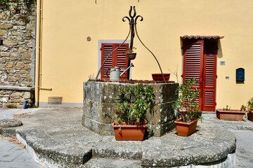 pozzo d'acqua all' interno del castello di Artimino.  (Firenze). con case e fiori