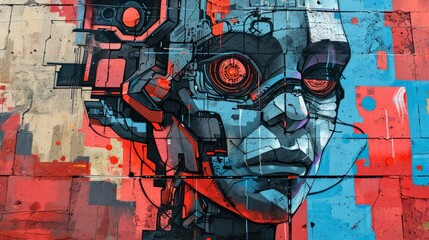 Vibrant street art of a robotic face on a wall, blending technology and humanity in a colorful mural.