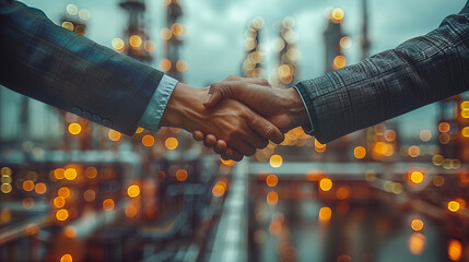 two persons in business attire engaging in a handshake, which is superimposed over the industrial scene with structures like towers and pipes