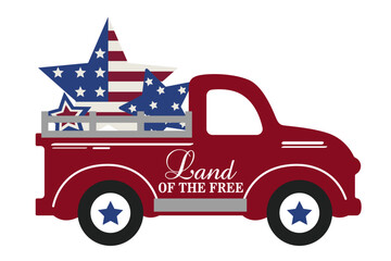Patriotic red floral truck with holiday crackers and US flag illustration. Isolated on white background. 4th of July themed festive card design.