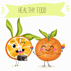 Cute tangerine, orange fruit characters, funny fruits, funny berry with different activities. Flat vector illustration. Organic food, healthy food, illustrations for kids menu, invitations.