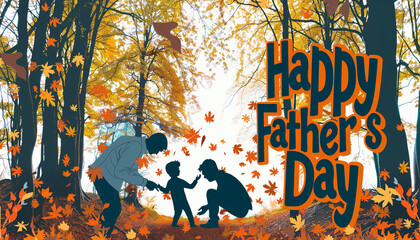 The elongated view of an autumn forest with a father and son's silhouettes playing with leaves in the left corner. In the right corner, "Happy Father's Day" is written boldly
