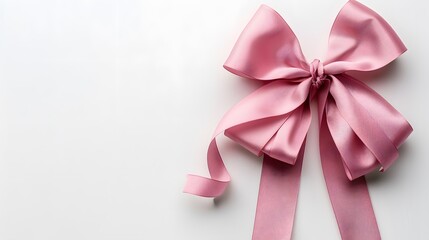 Pink ribbon bow on white background with copy space for text, gift decoration element, pink color satin ribbons in flat lay composition, isolated on blank background .
