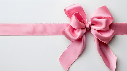 Pink ribbon bow on white background with copy space for text, gift decoration element, pink color satin ribbons in flat lay composition, isolated on blank background .
