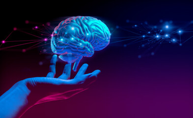 doctor hand holding a holographic of human brain in healthcare medical theme; a technology for science neuron cell network