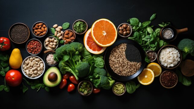 Top view of a rich variety of fresh vegetables, fruits, and healthy grains arranged on a dark surface, ideal for nutritious diet plans.
