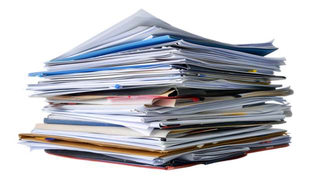 Stack of documents isolated on transparent background
