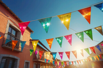 The backyard of a private house, decorated with bright rainbow triangular flags, cute garland, sunlight, celebration.