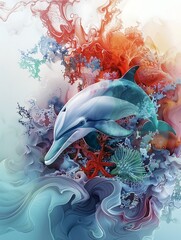 Dolphin in the water illustration, Beautiful, summer vibe, beach, ocean, sea, fish, background