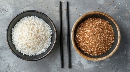 two bowls of brown and white rice accompanied by black chopsticks on a serene gray background, leaving space for textual additions.