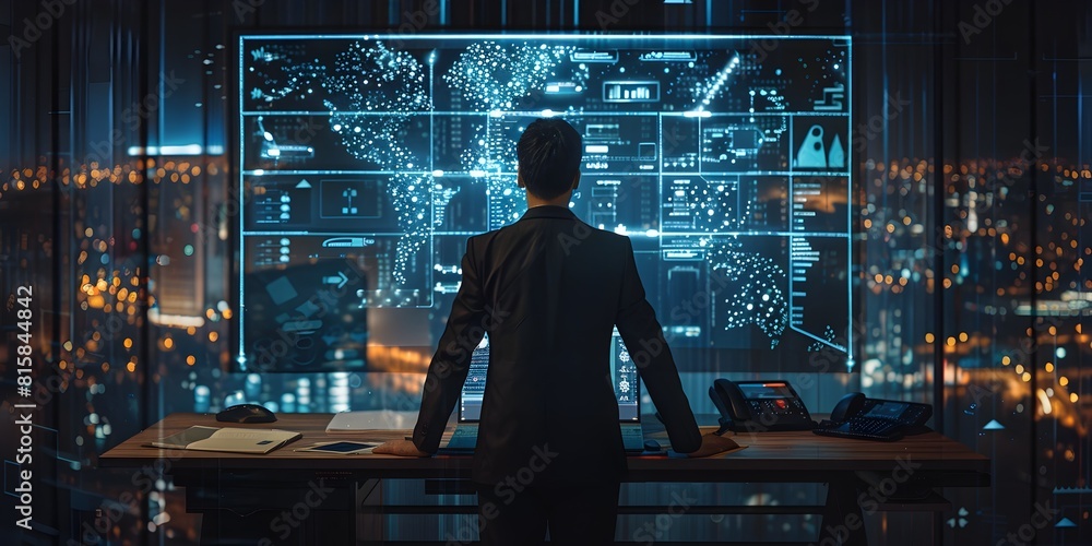 Poster businessman orchestrating remote with gesture controlled digital interface
