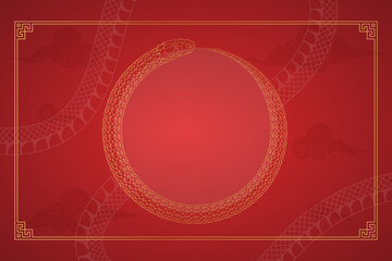 Chinese new year, gold and red, template for greetings, banner, poster. 2025 Frame with snake ouroboros and copy space