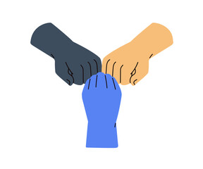 Team support concept. Group fist bump greeting. Three friends hands punch. Agreement, partnership, unity, solidarity and togetherness in teamwork. Flat vector illustration isolated on white background