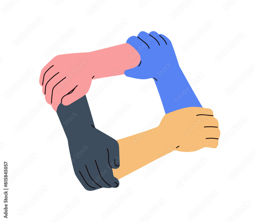 Poster team holding hands together in circle for support, trust and solidarity. cooperation concept. people