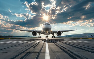 Airplane landing on runway under bright sun and cloudy sky.