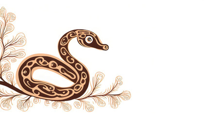 Obraz premium Wooden snake isolated on white background, festive card. Chinese new year 2025 symbol. Merry christmas and happy new year banner. Empty space for text, minimalist style.