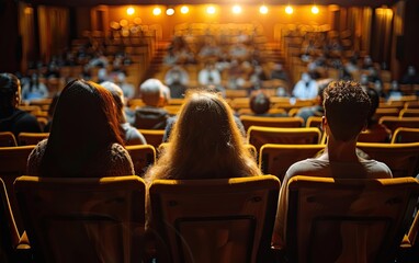 Audience sits in theater seats, warmly lit, watching a performance.