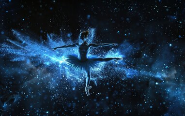 Ballerina exploding into blue cosmic dust in dark space.