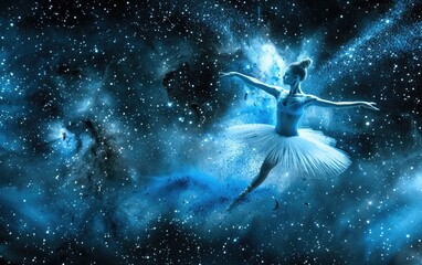 Ballerina exploding into blue cosmic dust in dark space.