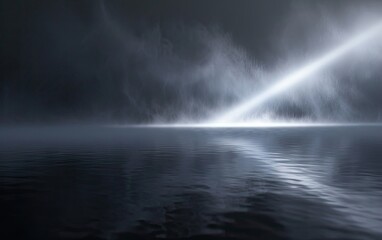 Beam of light piercing through misty darkness on a reflective surface.