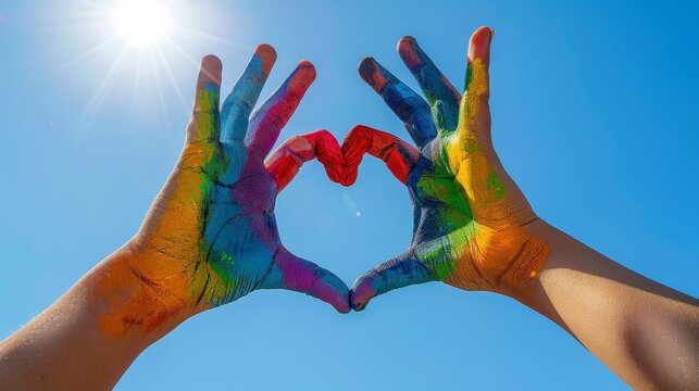 A close-up of hands painted with rainbow colors forming a heart shape against a bright sunny sky symbolizing love and unity during Pride celebrations