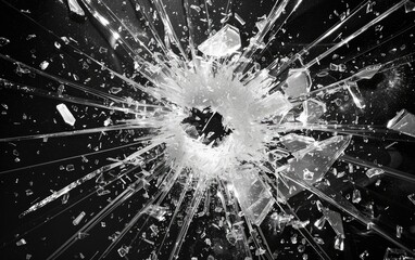 Black and white image of a shattered glass with a central impact point.
