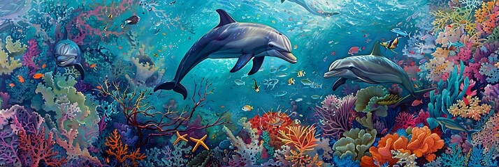 Fototapeta premium Dolphin in the water illustration, Beautiful, summer vibe, beach, ocean, sea, fish, background