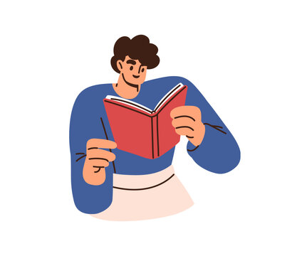Happy woman studying, reading book. Smiling female reader holding open textbook, learning. Student enjoying education, preparing for exam. Flat vector illustration isolated on white background