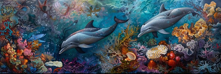 Fototapeta premium Dolphin in the water illustration, Beautiful, summer vibe, beach, ocean, sea, fish, background