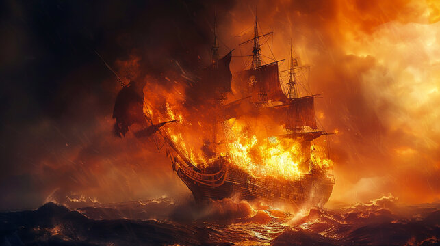 A burning pirate ship on the high seas its masts engulfed in flames