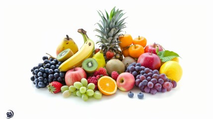 A variety of fruits are arranged in a pile including apples, bananas, grapes, pineapple, kiwi, raspberries, strawberries, blueberries, and oranges.