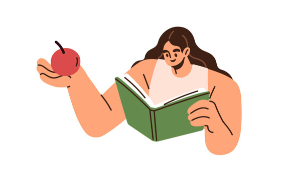 Student reading, studying book. Woman learner engaged with academic literature, learning. Education, knowledge concept. Reader holding textbook. Flat vector illustration isolated on white background