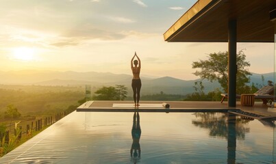 woman practicing yoga at rural luxury hill resort in the morning.