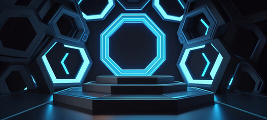 3d rendering illustration modern futuristic podium stage platform with neon lighting and black background for premium produt business technology.ai generated