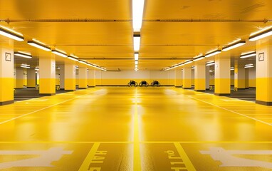 Bright yellow underground parking lot with disabled parking spaces.