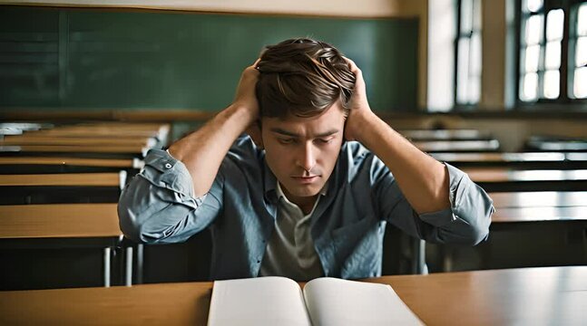 &Uuml;berforderter Sch&uuml;ler sitzt im Klassenzimmer und h&auml;lt sich den Kopf